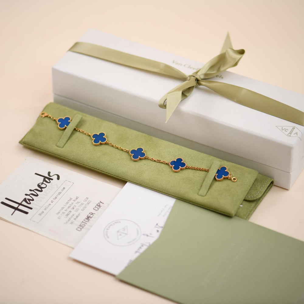 Preowned Van Cleef & Arpels Vintage Alhambra Blue Agate 18K Yellow Gold Bracelet