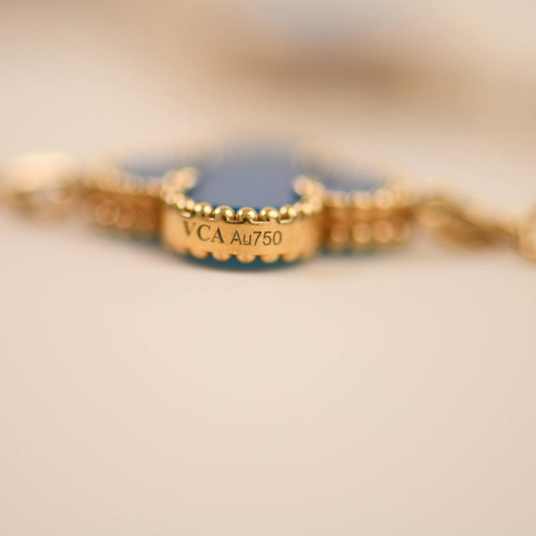 Second Hand Van Cleef Vintage Alhambra Blue Agate 18K Yellow Gold Bracelet