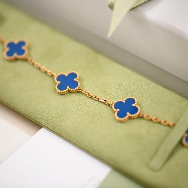 Preloved Van Cleef Vintage Alhambra Blue Agate 18K Yellow Gold Bracelet