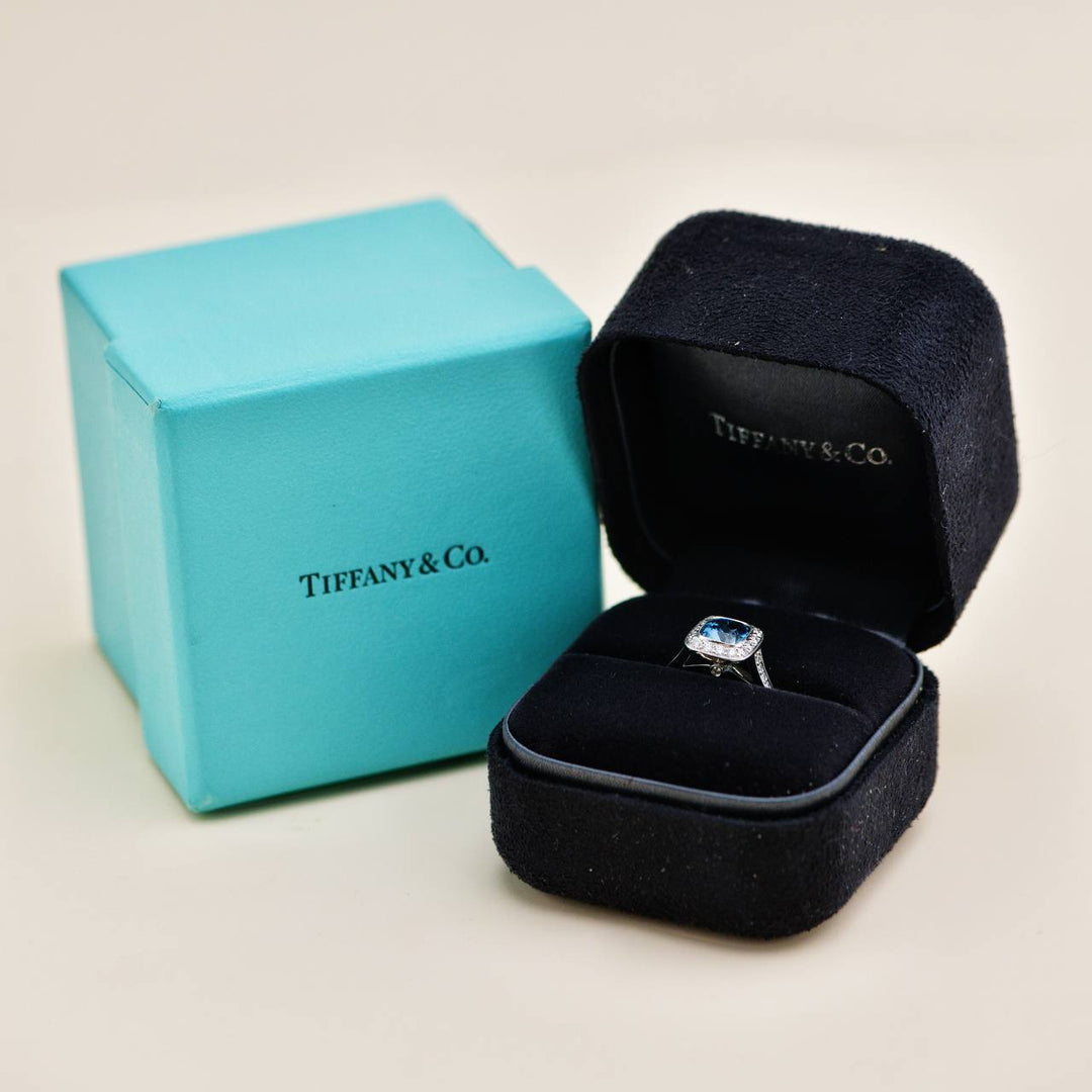 Preowned Tiffany & Co. Platinum Aquamarine and Diamond Ring Size 51