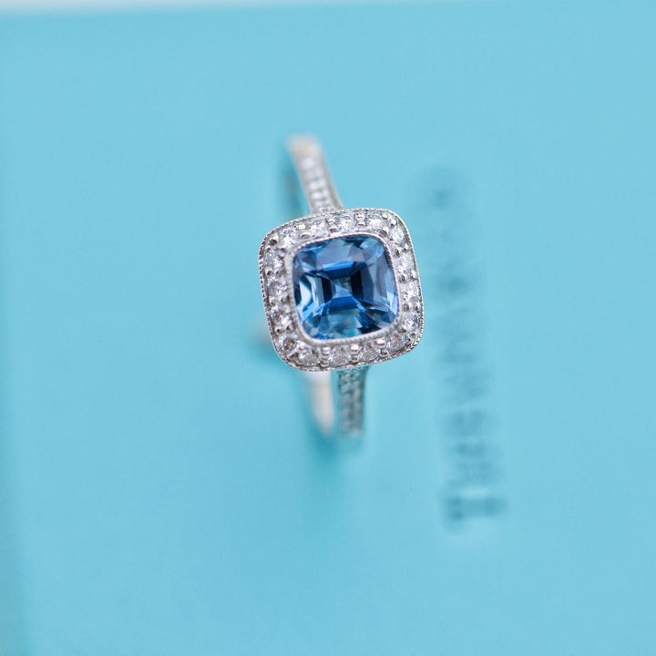 Second Hand Tiffany & Co. Platinum Aquamarine and Diamond Ring Size 51