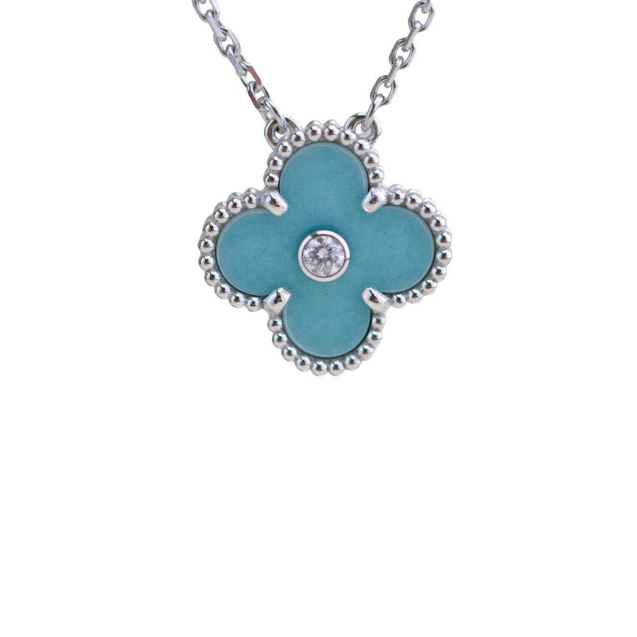 Preloved Van Cleef & Arpels Vintage Alhambra 2022 Holiday Diamond Blue Celadon Sèvres Porcelain Pendant