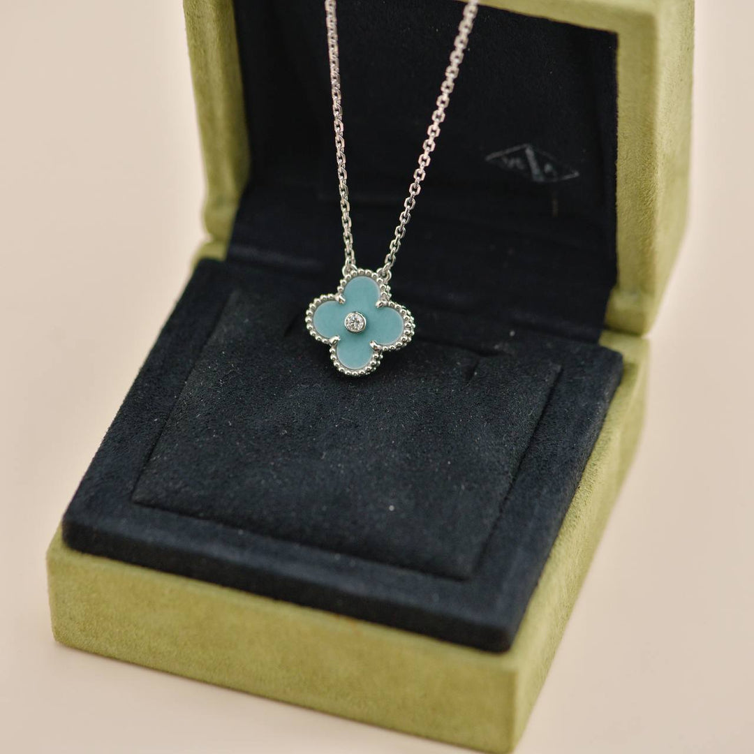 Second Hand Van Cleef & Arpels Vintage Alhambra 2022 Holiday Diamond Blue Celadon Sèvres Porcelain Pendant