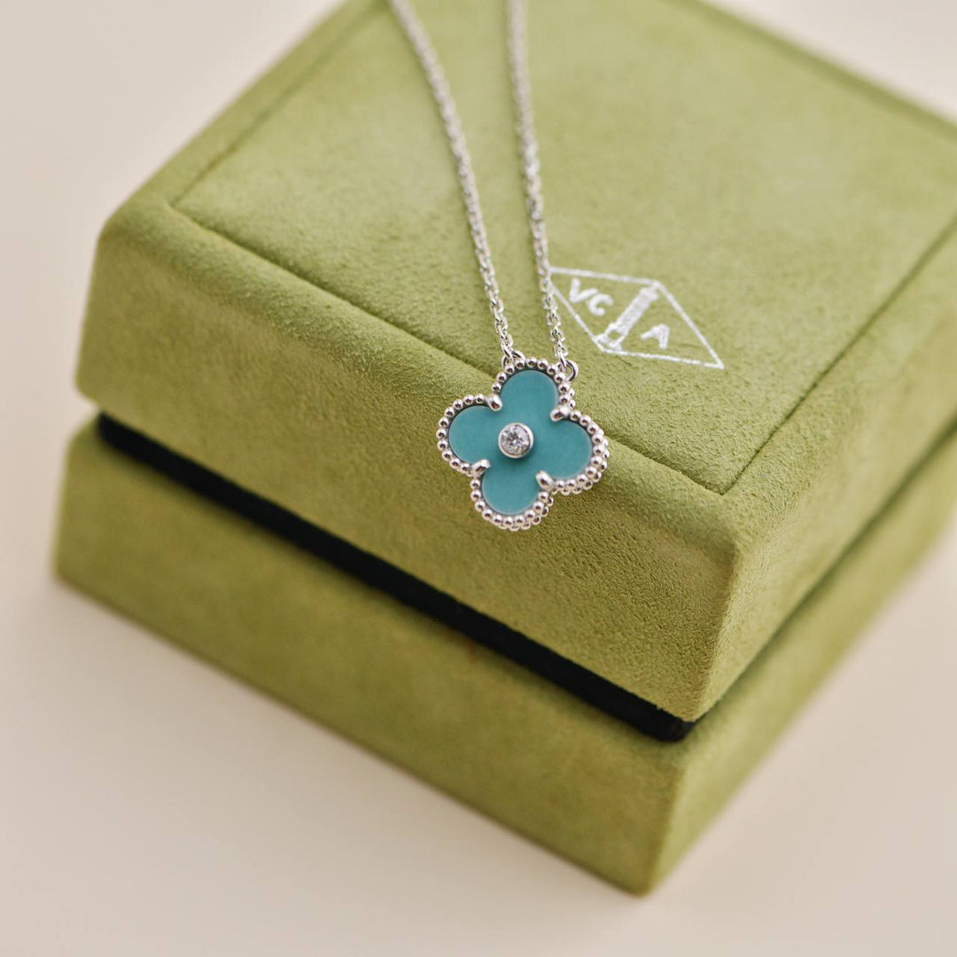 Used Van Cleef & Arpels Vintage Alhambra 2022 Holiday Diamond Blue Celadon Sèvres Porcelain Pendant