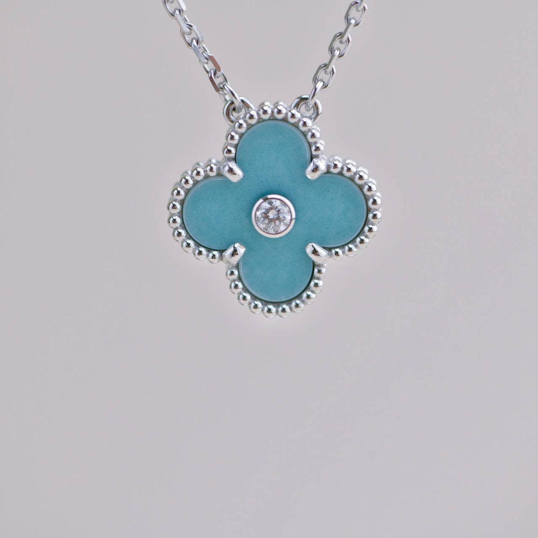 Preowned Van Cleef Vintage Alhambra 2022 Holiday Diamond Blue Celadon Sèvres Porcelain Pendant