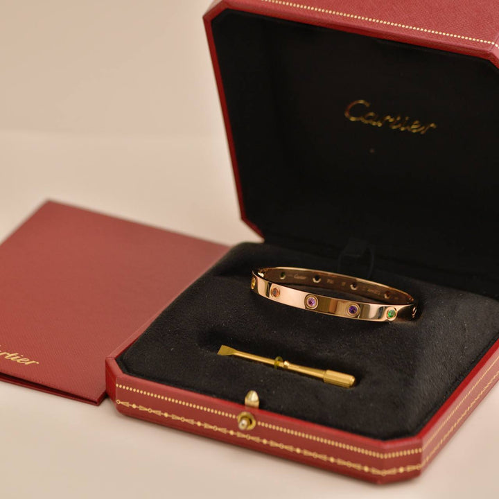Preowned Cartier Rainbow Multi Gem 18K Rose Gold Love Bracelet Size 17