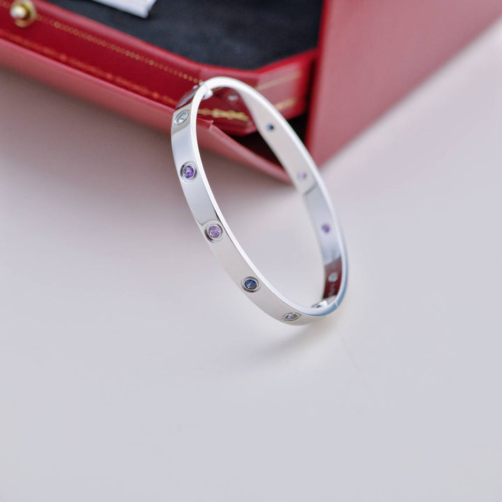 Second Hand Cartier Rainbow Multi Gem 18K White Gold Love Bracelet Size 17