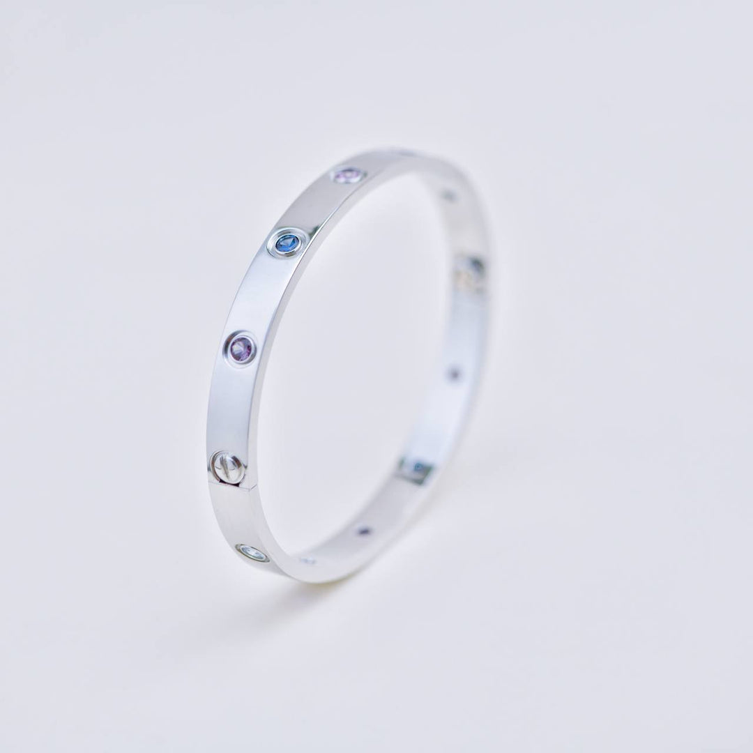 Used Cartier Rainbow Multi Gem 18K White Gold Love Bracelet Size 17