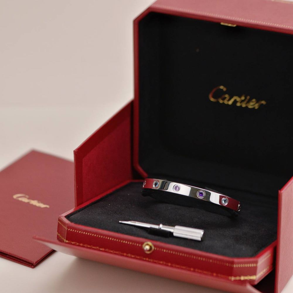 Preowned Cartier Rainbow Multi Gem 18K White Gold Love Bracelet Size 17