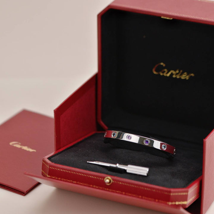 Preowned Cartier Rainbow Multi Gem 18K White Gold Love Bracelet Size 17
