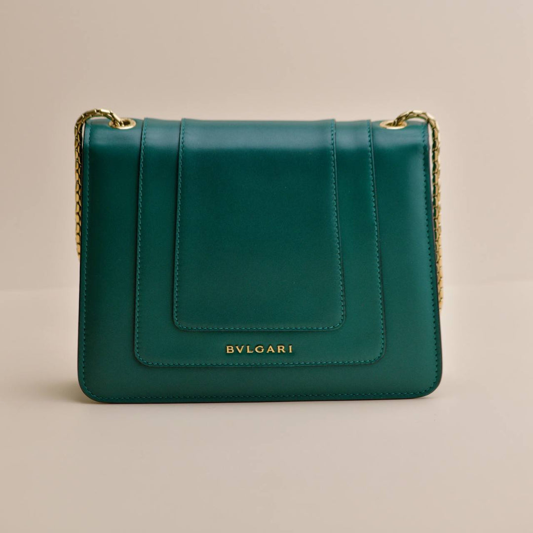 Used Bvlgari Serpenti Forever Emerald Green Leather Chain Medium Shoulder Bag