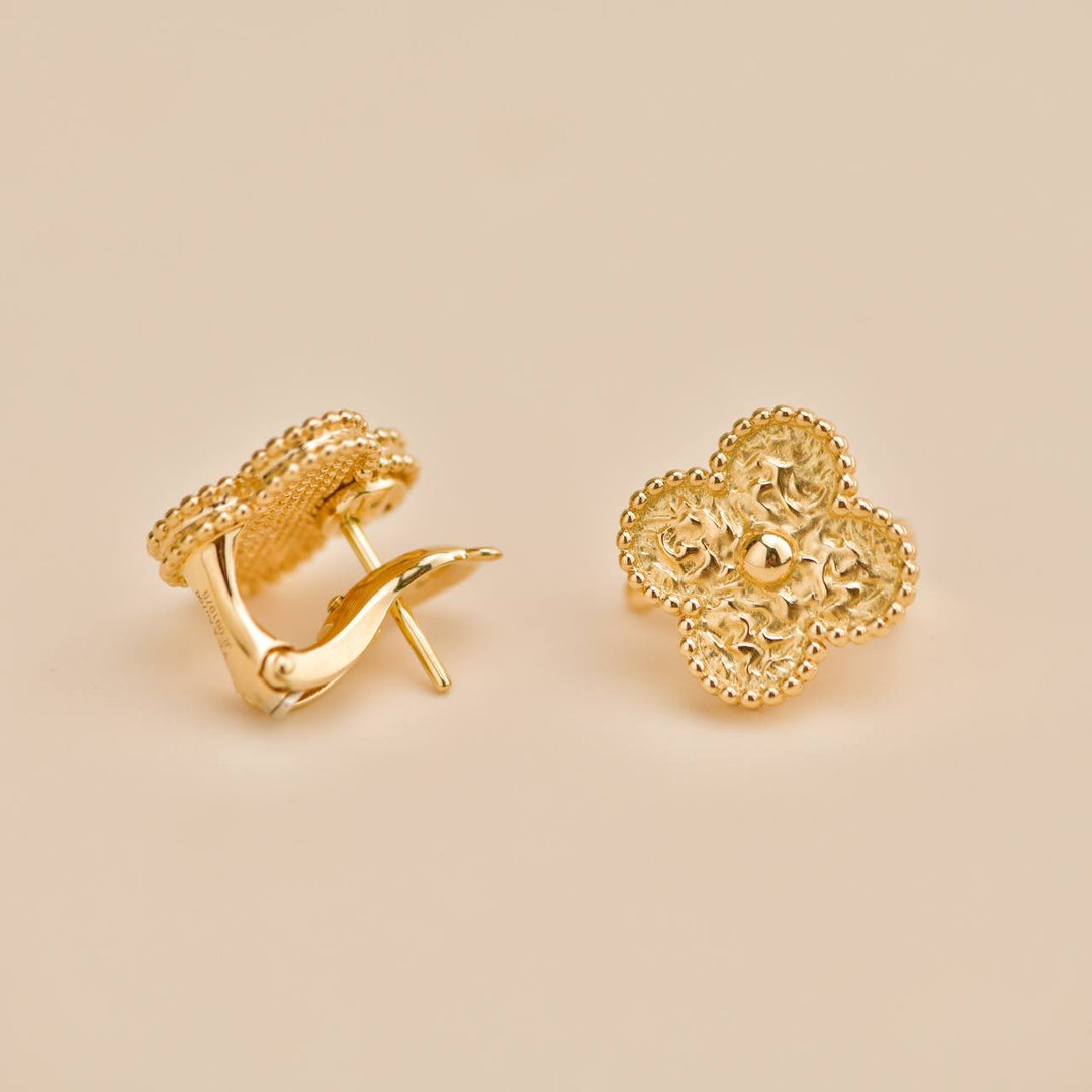 Preowned Van Cleef Vintage Alhambra Hammered 18K Yellow Gold Earrings