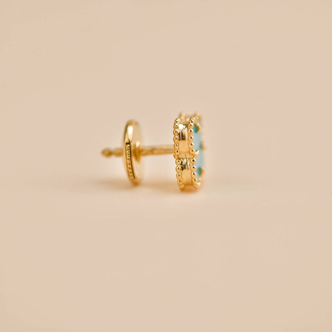 Used Van Cleef Sweet Alhambra Turquoise 18K Yellow Gold Earrings