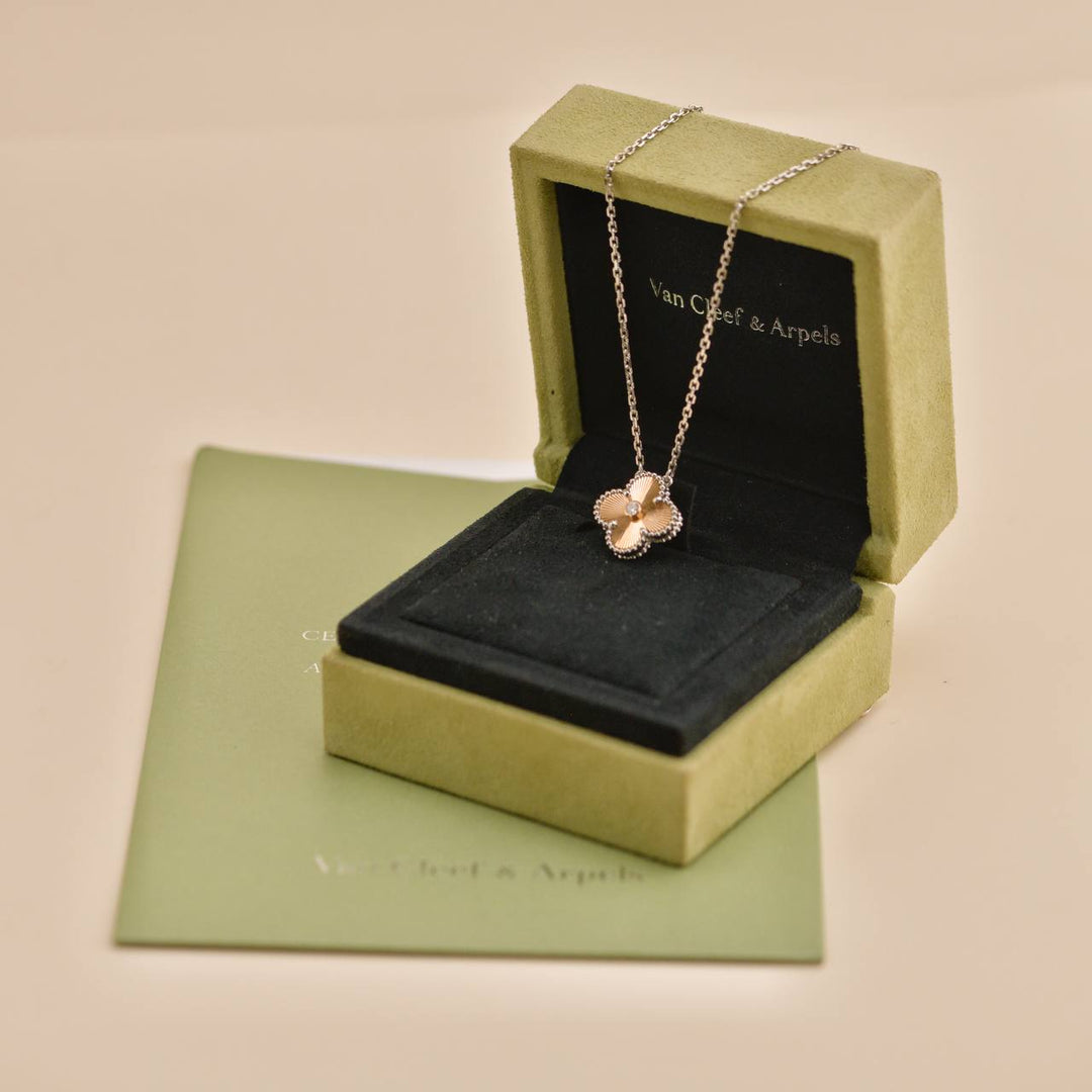 Preowned Van Cleef & Arpels Vintage Alhambra Diamond Guilloché 18K Rose White Gold 2024 Holiday Necklace