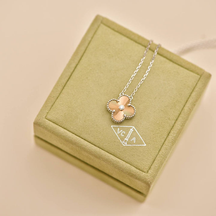 Preloved Van Cleef Vintage Alhambra Diamond Guilloché 18K Rose White Gold 2024 Holiday Necklace