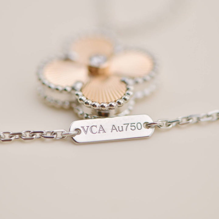 Preowned VCA Vintage Alhambra Diamond Guilloché 18K Rose White Gold 2024 Holiday Necklace