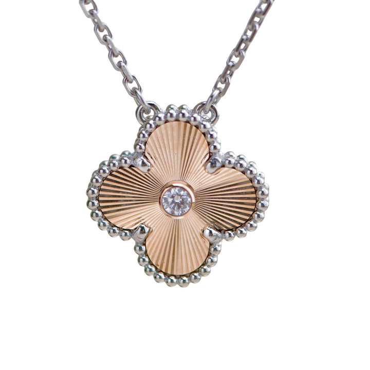 Preloved Van Cleef & Arpels Vintage Alhambra Diamond Guilloché 18K Rose White Gold 2024 Holiday Necklace