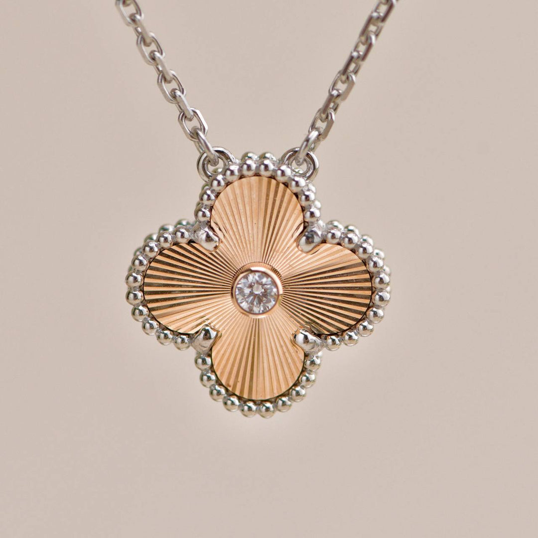 Preowned Van Cleef Vintage Alhambra Diamond Guilloché 18K Rose White Gold 2024 Holiday Necklace