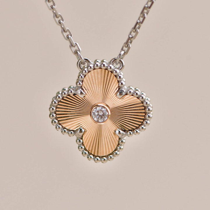 Preowned Van Cleef Vintage Alhambra Diamond Guilloché 18K Rose White Gold 2024 Holiday Necklace