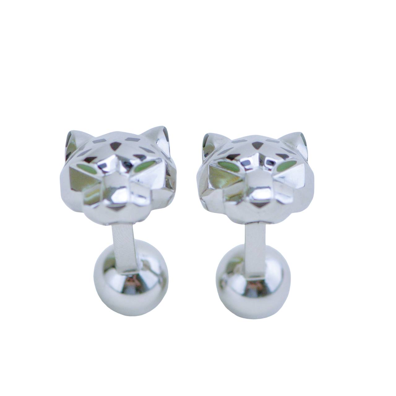 Cartier Panthère Green Jade Lacquer Sterling Silver Cufflinks