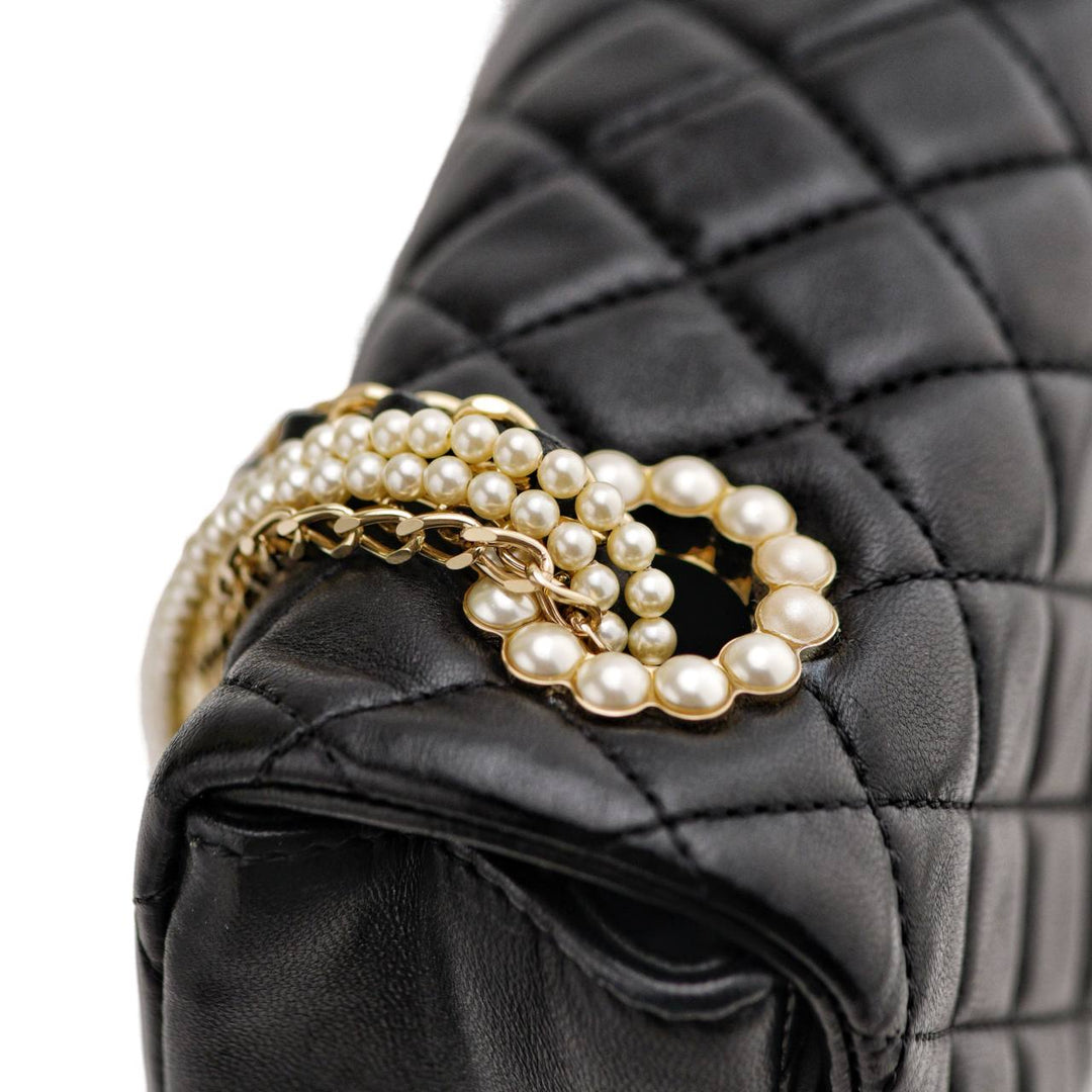 Used Chanel Westminster Faux Pearl Chain Shoulder Bag Leather Black