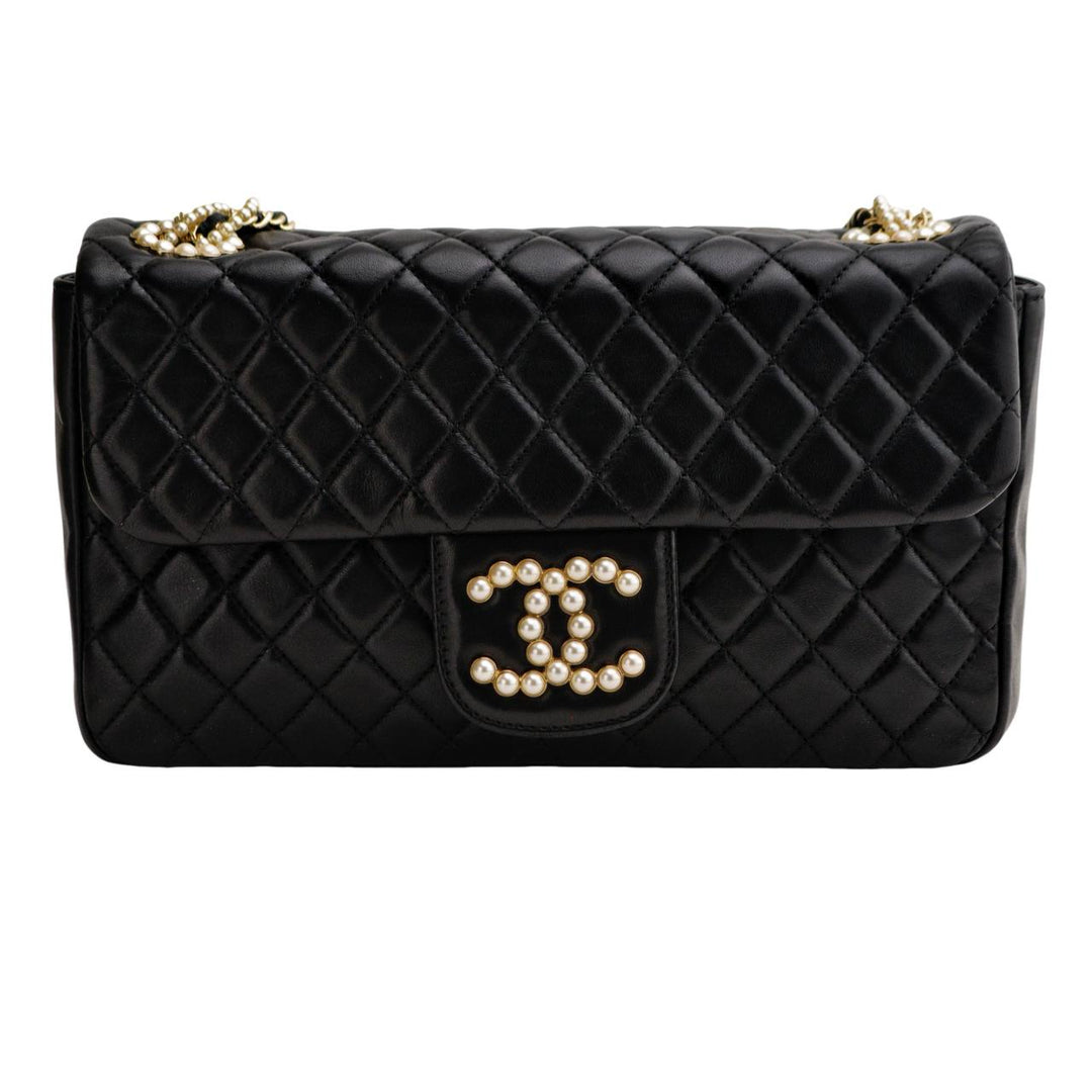 Preloved Chanel Matelasse Westminster Faux Pearl Chain Shoulder Bag Leather Black
