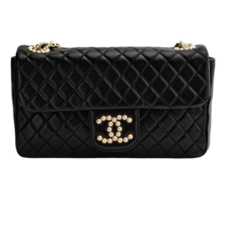 Preloved Chanel Matelasse Westminster Faux Pearl Chain Shoulder Bag Leather Black