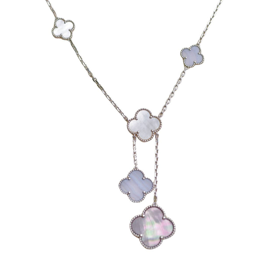 Preloved Van Cleef & Arpels Magic Alhambra 6 Motifs Chalcedony Mother of Pearl 18K White Gold Necklace