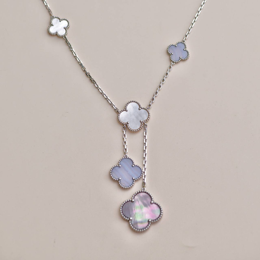 Second Hand Van Cleef Magic Alhambra 6 Motifs Chalcedony Mother of Pearl 18K White Gold Necklace