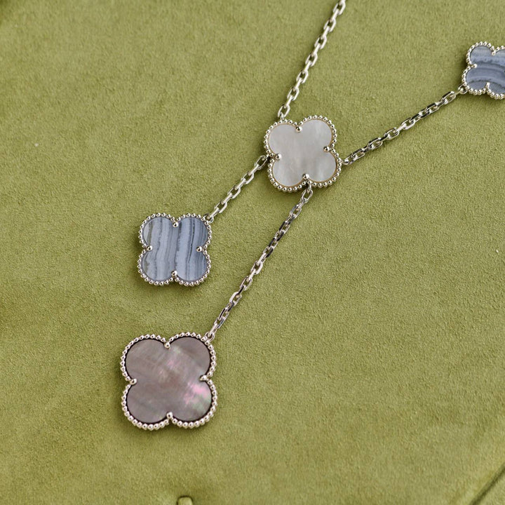 Used Van Cleef & Arpels Magic Alhambra 6 Motifs Chalcedony Mother of Pearl 18K White Gold Necklace