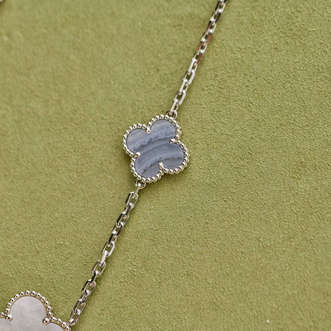 Preloved Van Cleef Magic Alhambra 6 Motifs Chalcedony Mother of Pearl 18K White Gold Necklace