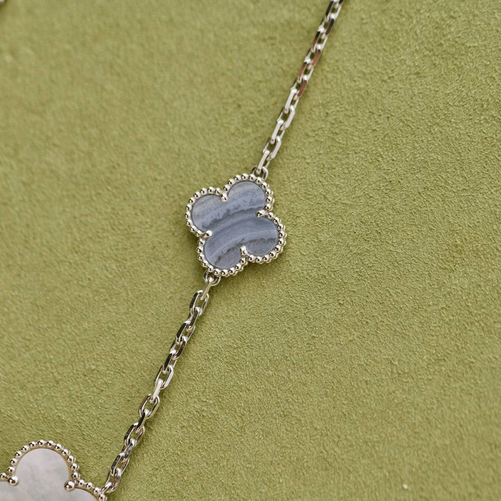 Preloved Van Cleef Magic Alhambra 6 Motifs Chalcedony Mother of Pearl 18K White Gold Necklace