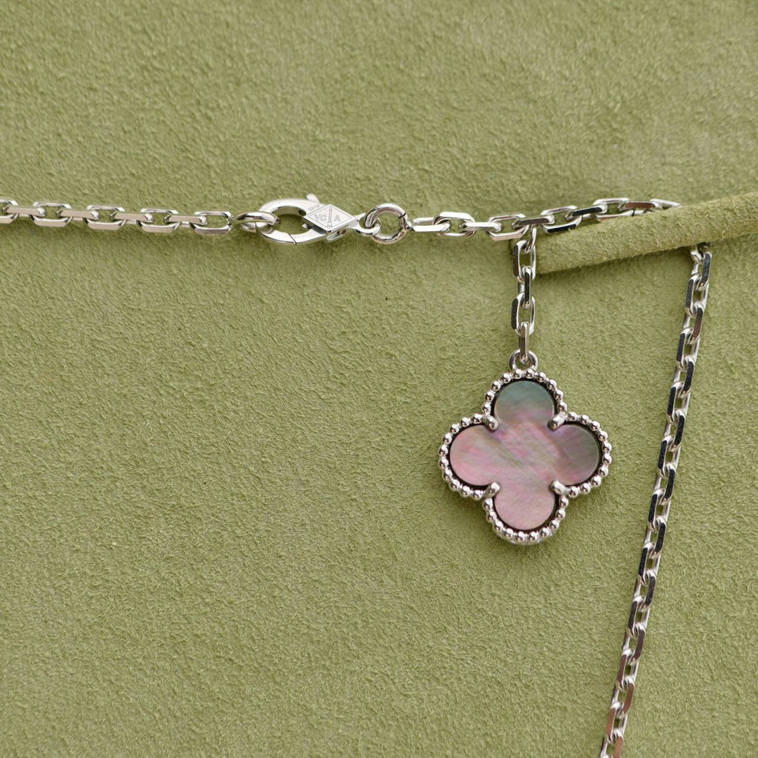 Preowned Van Cleef Magic Alhambra 6 Motifs Chalcedony Mother of Pearl 18K White Gold Necklace