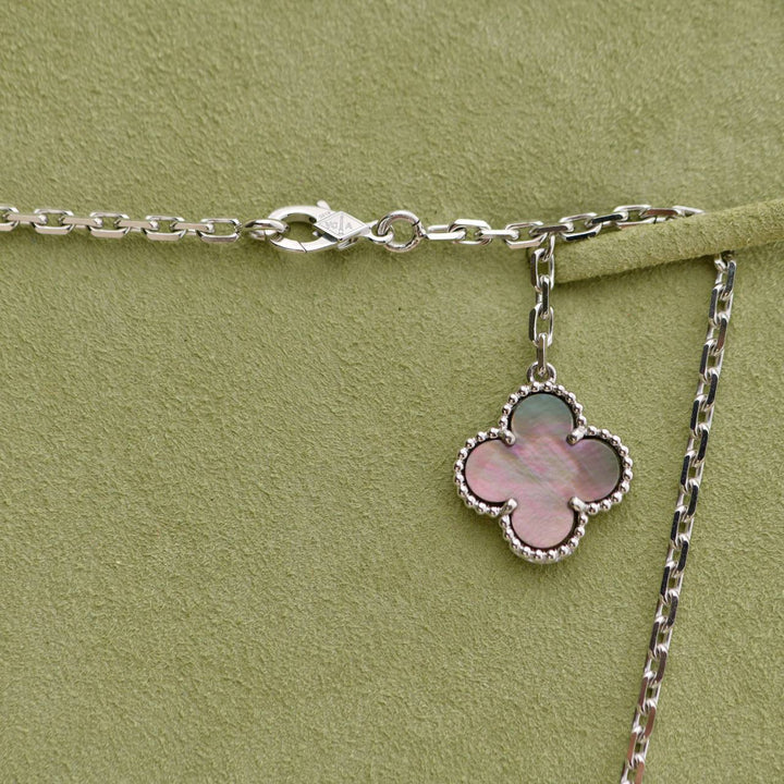 Preowned Van Cleef Magic Alhambra 6 Motifs Chalcedony Mother of Pearl 18K White Gold Necklace