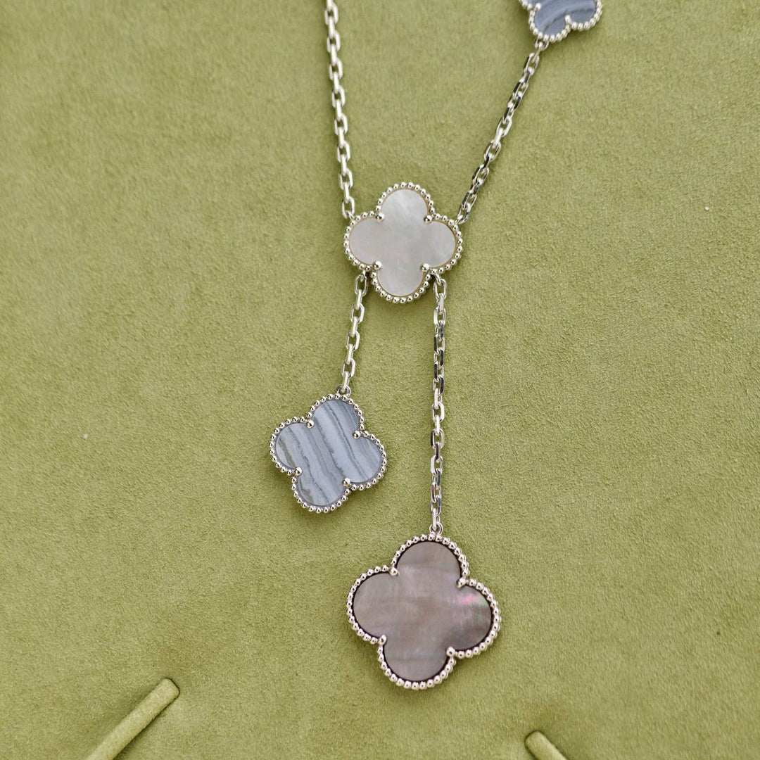 Second Hand Van Cleef & Arpels Magic Alhambra 6 Motifs Chalcedony Mother of Pearl 18K White Gold Necklace