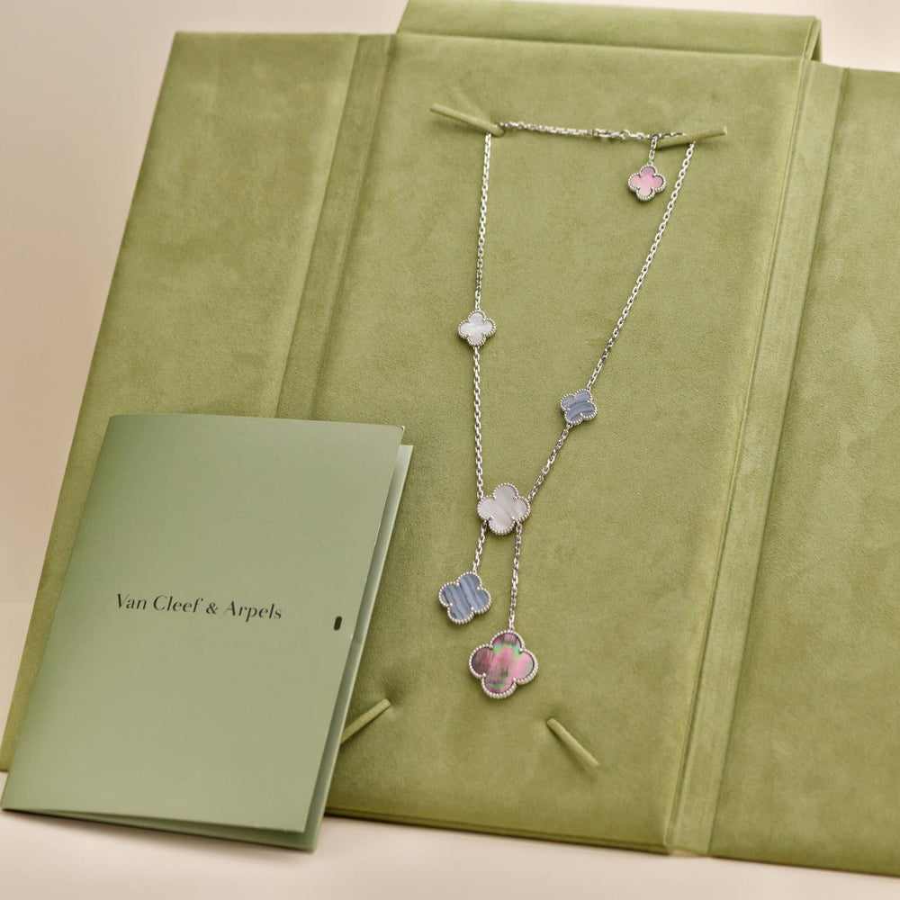 Preowned Van Cleef & Arpels Magic Alhambra 6 Motifs Chalcedony Mother of Pearl 18K White Gold Necklace