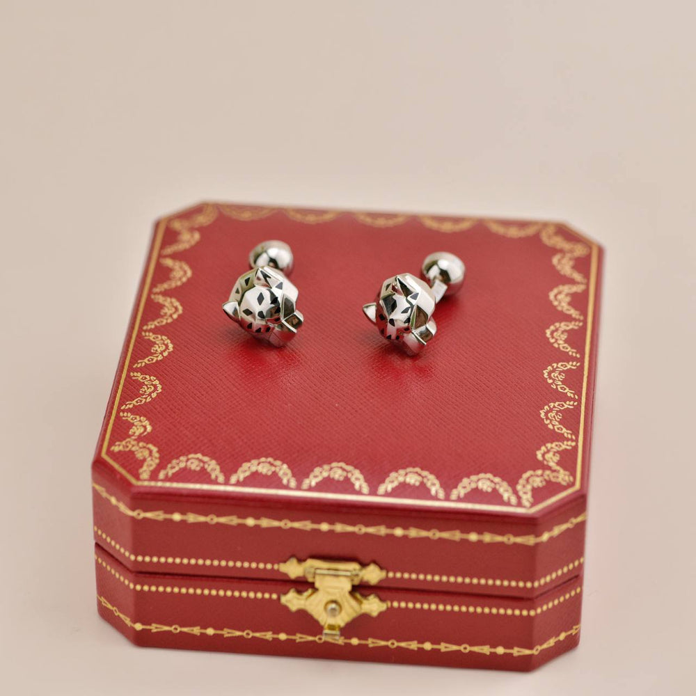 Preowned Cartier Panthère Green Jade Lacquer Sterling Silver Cufflinks