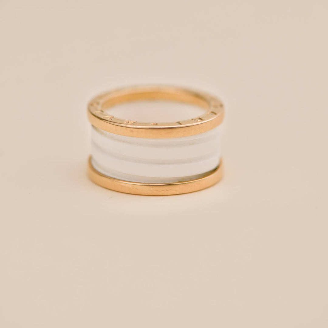 Preowned Bvlgari B.Zero1 18k Rose Gold White Ceramic Ring Size 56