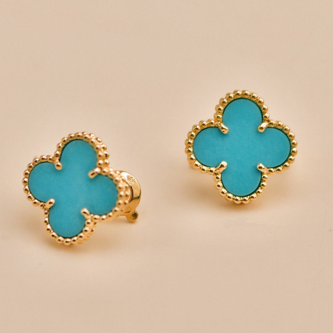 Preloved Van Cleef Vintage Alhambra Turquoise 18K Yellow Gold Earrings