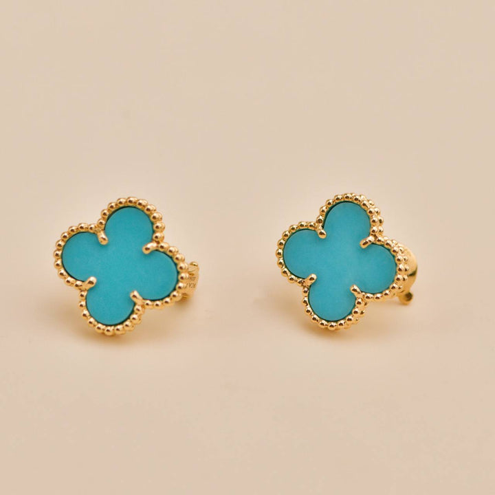 Used Van Cleef & Arpels Vintage Alhambra Turquoise 18K Yellow Gold Earrings
