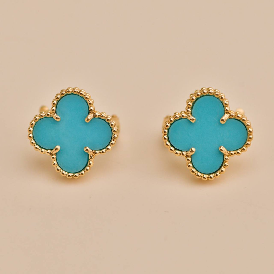 Second Hand Van Cleef & Arpels Vintage Alhambra Turquoise 18K Yellow Gold Earrings