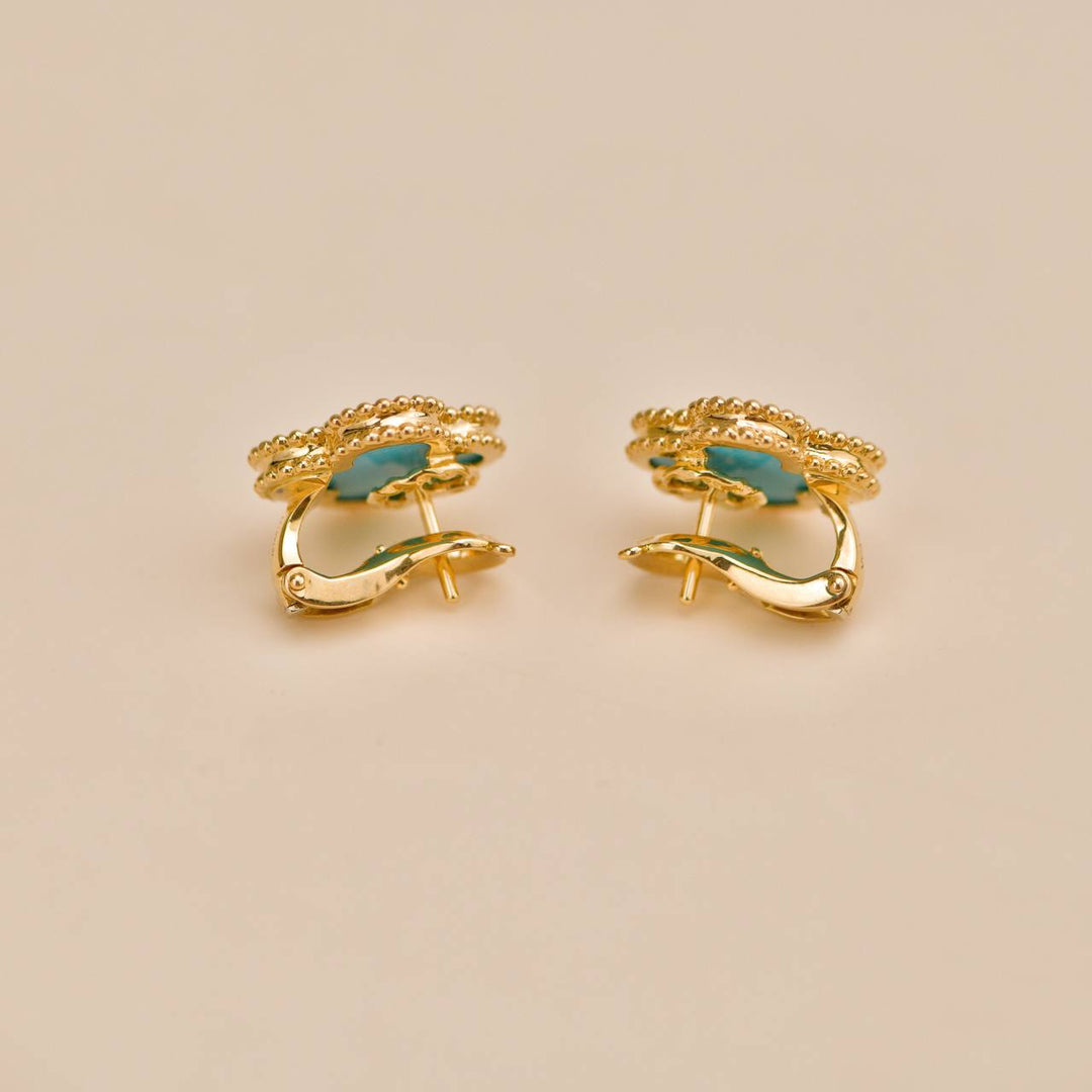 Second Hand Van Cleef Vintage Alhambra Turquoise 18K Yellow Gold Earrings