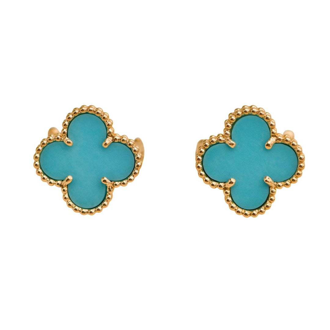 Preloved Van Cleef & Arpels Vintage Alhambra Turquoise 18K Yellow Gold Earrings