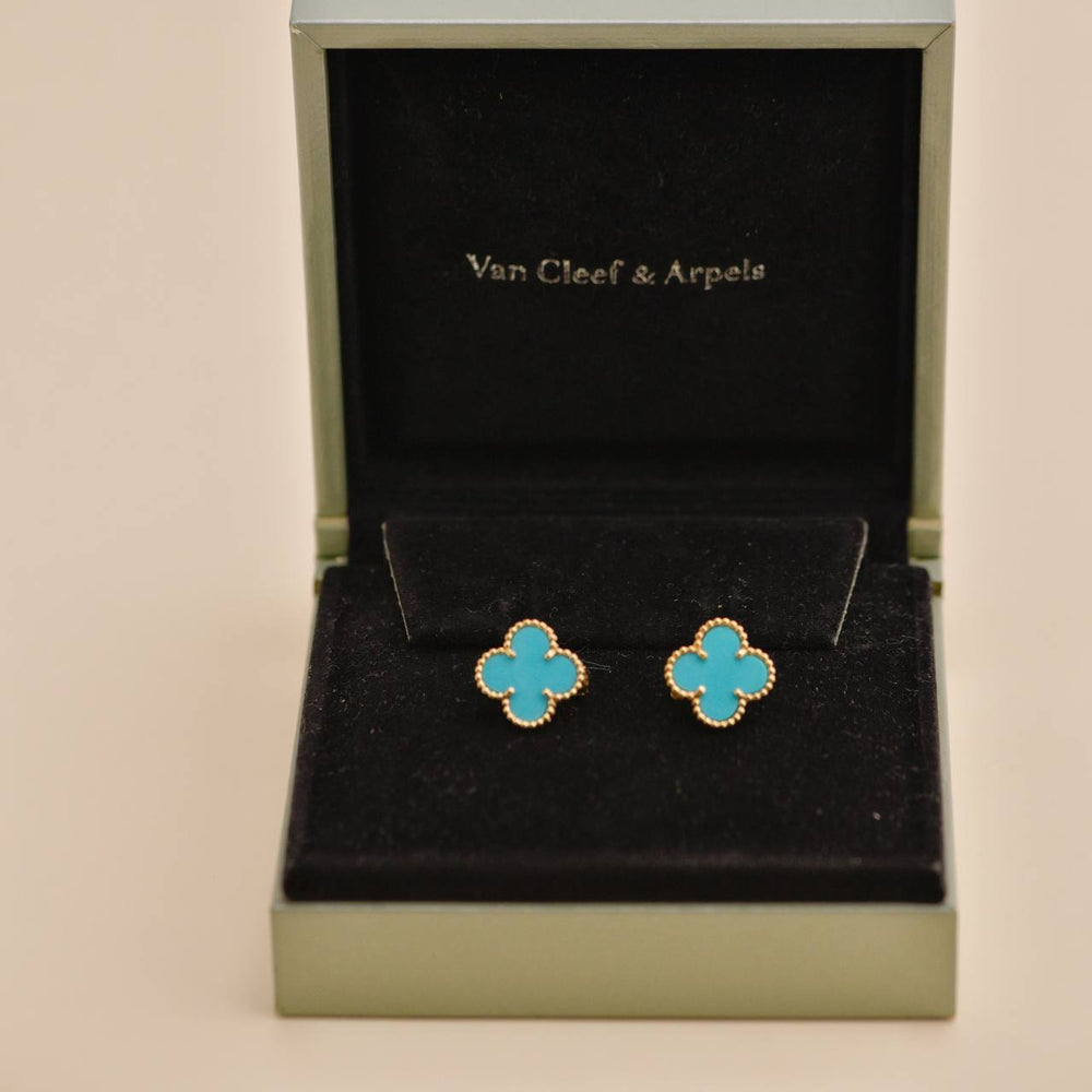 Preowned Van Cleef & Arpels Vintage Alhambra Turquoise 18K Yellow Gold Earrings