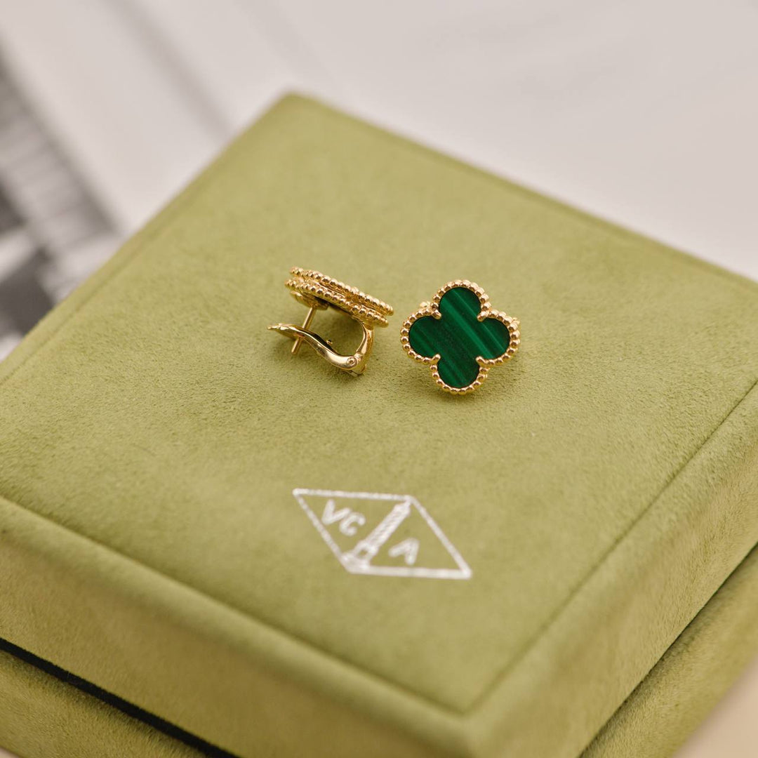 Used Van Cleef & Arpels Vintage Alhambra Malachite 18K Yellow Gold Earrings