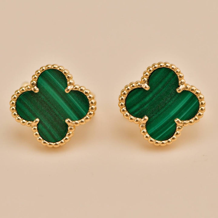 Preloved Van Cleef Vintage Alhambra Malachite 18K Yellow Gold Earrings