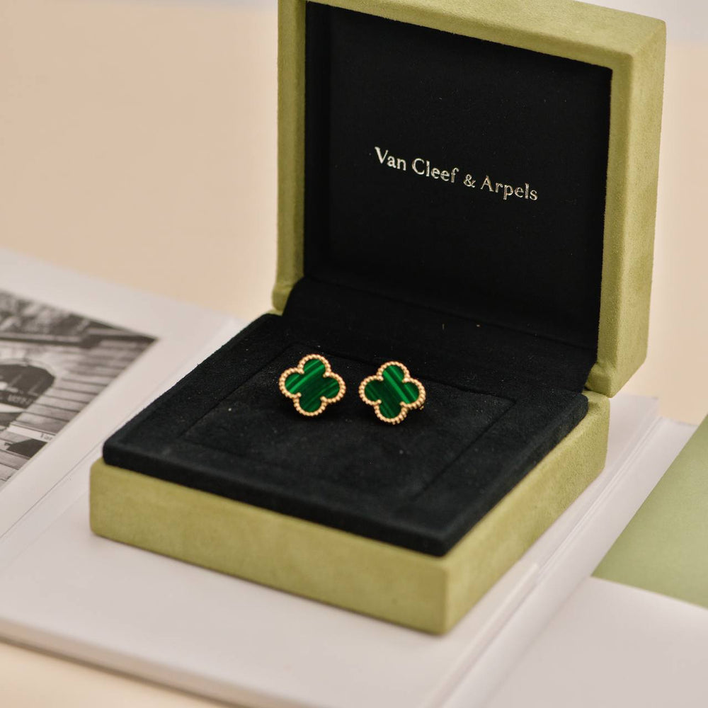 Preowned Van Cleef & Arpels Vintage Alhambra Malachite 18K Yellow Gold Earrings