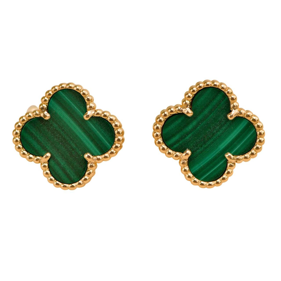 Preloved Van Cleef & Arpels Vintage Alhambra Malachite 18K Yellow Gold Earrings