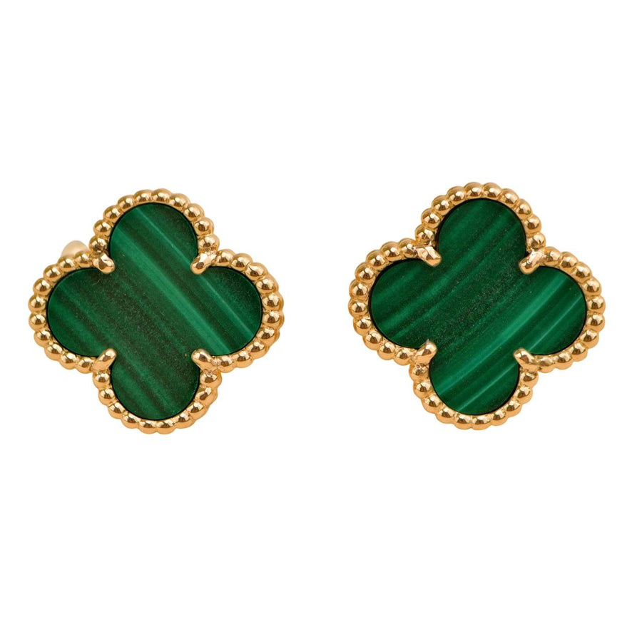 Preloved Van Cleef & Arpels Vintage Alhambra Malachite 18K Yellow Gold Earrings