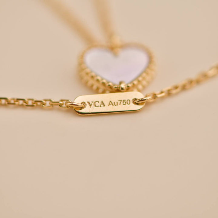 Preowned VCA Sweet Alhambra Heart Mother of Pearl 18K Yellow Gold Pendant Necklace